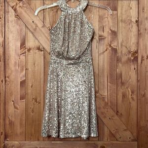 Love Nickie Lew Women's Sequin Halter Neck Mini Dress Tan Size XS NWOT